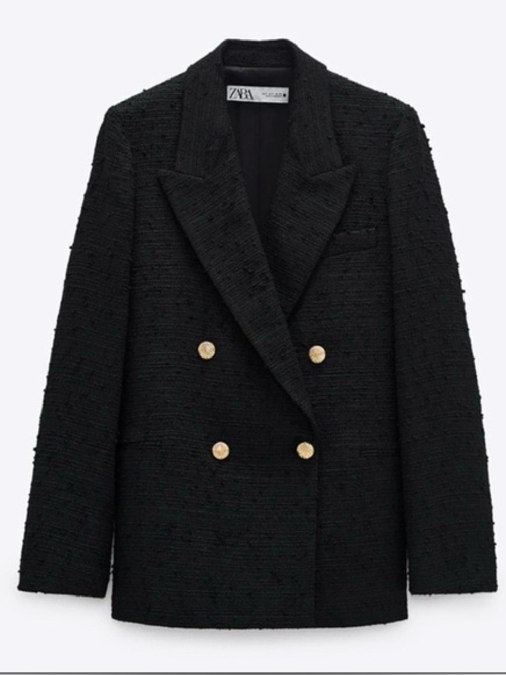 NWT Zara Black textured Tweed Double-Breasted Blazer with Gold Buttons size M